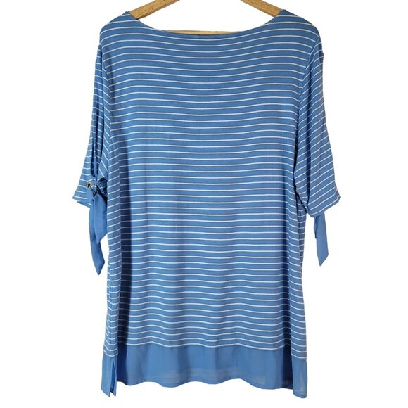 Ellen Tracy Company Stretchy Top Blue XXL White Stripe Cutout Sleeve Chiffon Hem - Picture 5 of 7